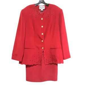 Merlot Red Two-Piece Women 22W Suit Set with Laser Cut Blazer & High-Waisted Ski